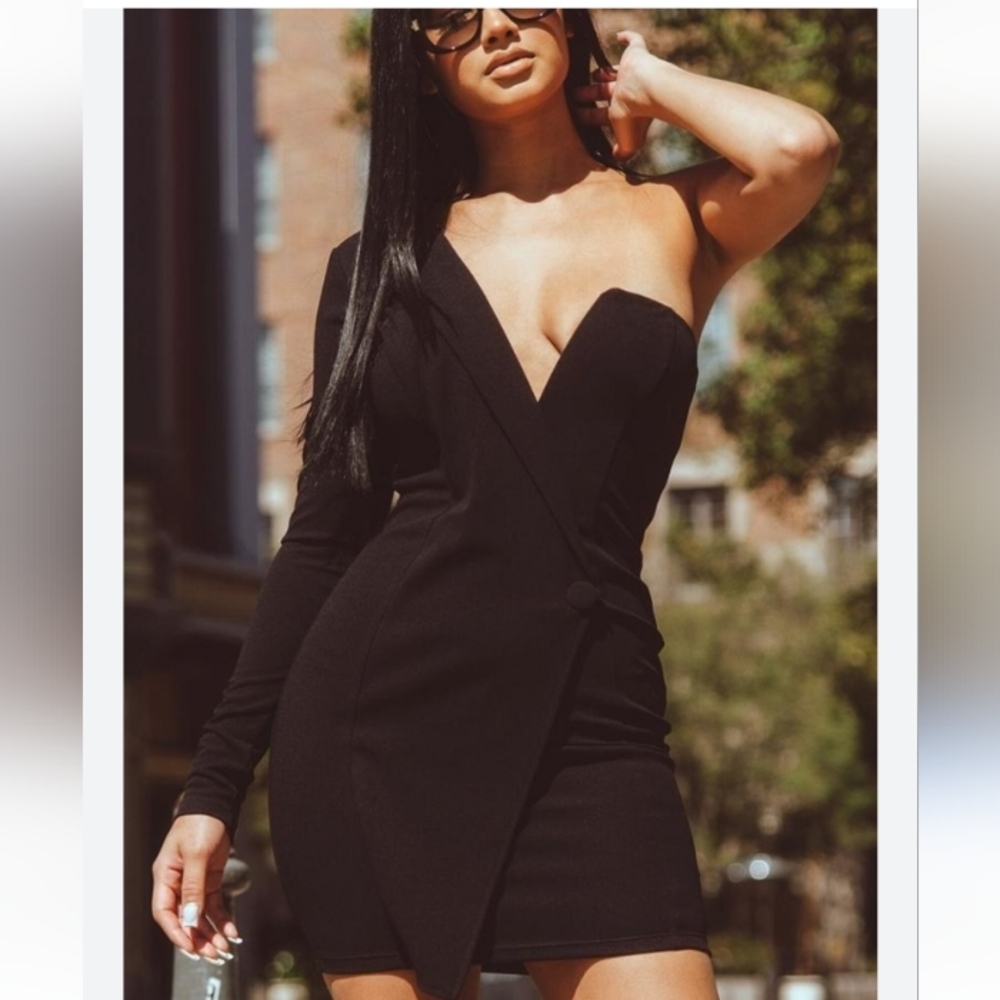 SYMPHONY SEXY BLACK ONE SHOULDER BLAZER MINI COCKTAIL DRESS, SIZE 3XL